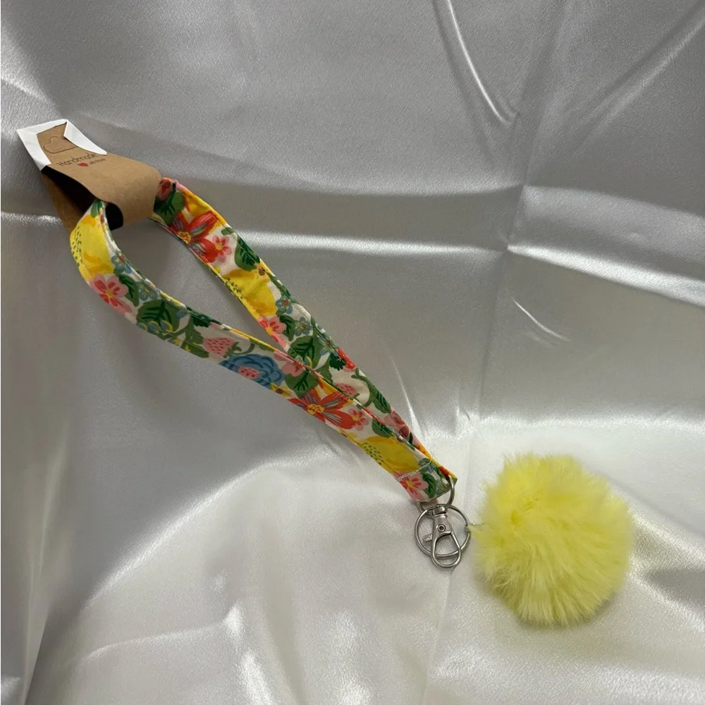 Handmade Lemon and Floral Wristlet Keychain with Yellow Pompom